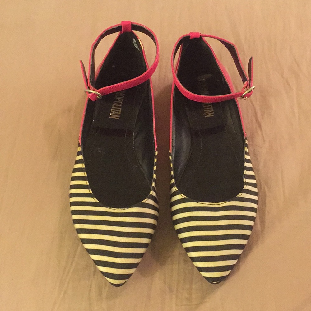 Black and white stripes and pink pointed toe flats